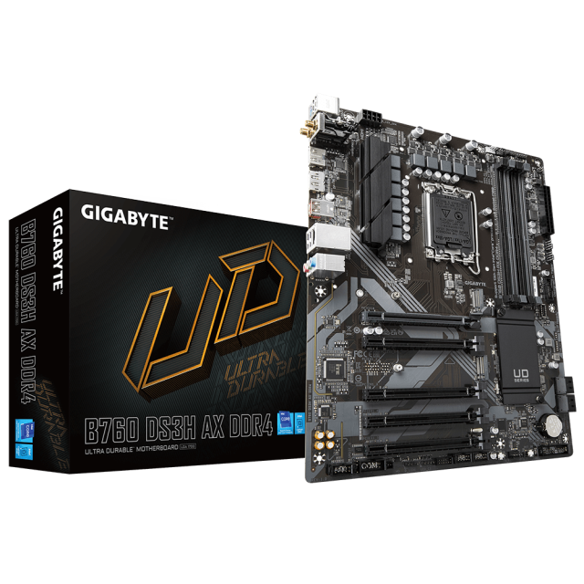 Дънна платка GIGABYTE B760 DS3H AX, LGA1700, 4x DDR4, 1 x M.2 PCIe 4.0, Wi-Fi 6E, HDMI, DP, ATX