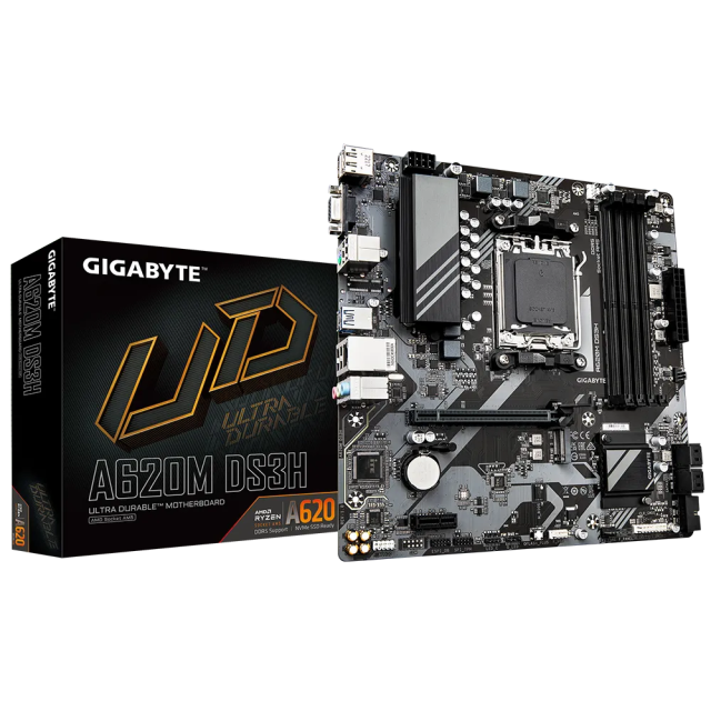 Дънна платка GIGABYTE A620M DS3H, AM5, 4x DDR5, 1 x M.2, 4 x SATA 6Gb/s, VGA, HDMI, DP, mATX