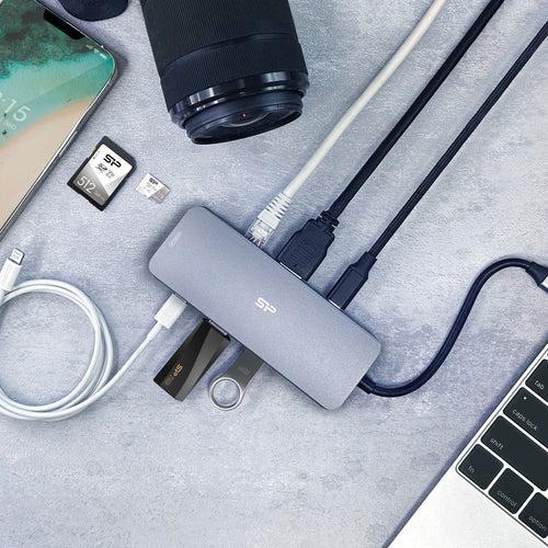 Мултипортов адаптер Silicon Power SR30 8 в 1 USB-C, HDMI 4K, USB 3.2, Ethernet Port, MicroSD слот