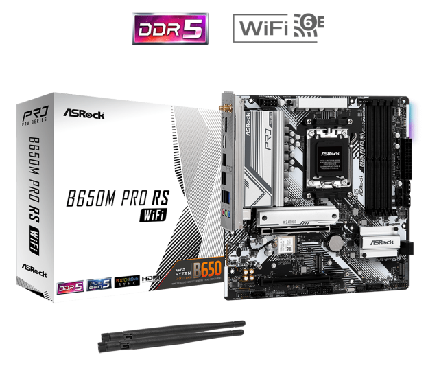 Дънна платка ASROCK B650M PRO RS WIFI, Socket AM5, 4 x DDR5, 3 x M.2,  4 x SATA3 6.0 Gb/s, Wi-Fi 6E, HDMI, DP, USB Type-C, mATX