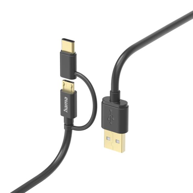 Кабел HAMA 2 в 1, USB-A - Micro USB, с адаптер за USB-C, 1 м, сив