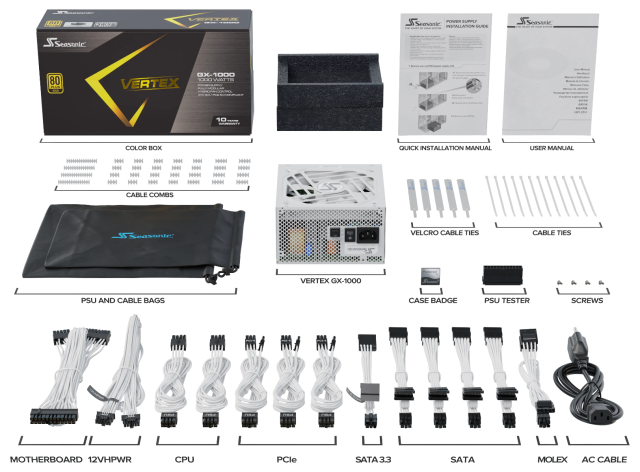 Захранване SEASONIC VERTEX GX-1000 1000W White, 80+ Gold PCIe 5.0, Fully Modular