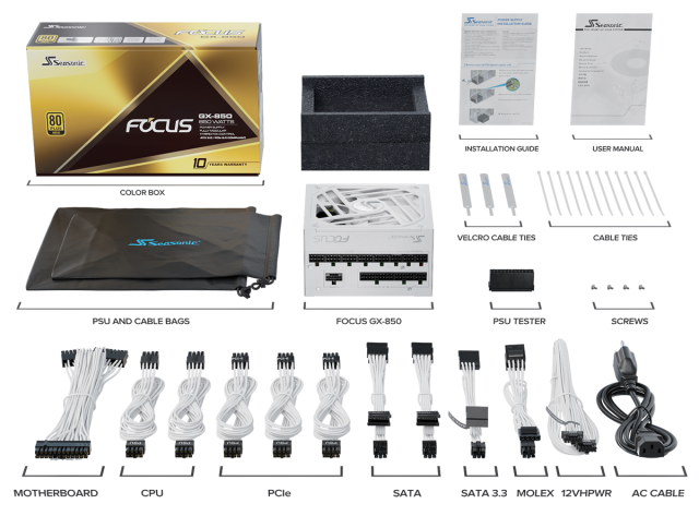 Захранване SEASONIC FOCUS GX-850 850W, White 80+ Gold PCIe 5.0, Fully Modular