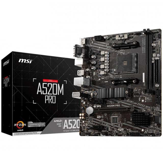 Дънна платка MSI A520M PRO, AM4, 2x DDR4, 1x M.2, 4x SATA3, 6x USB3.2 Gen1, 6x USB2.0, DP, VGA, HDM, mATX