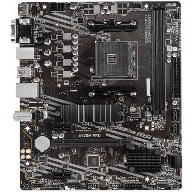 Дънна платка MSI A520M PRO, AM4, 2x DDR4, 1x M.2, 4x SATA3, 6x USB3.2 Gen1, 6x USB2.0, DP, VGA, HDM, mATX