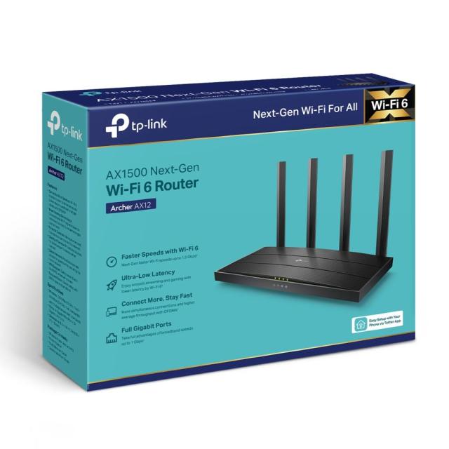 Рутер TP-Link Archer AX12, 1500Mbps, 2.4GHz(300Mbps) / 5GHz(1200Mbps), Wireless 6 AX, 3x LAN 10/100/1000, 1x WAN 10/100/1000, 4x външни антени