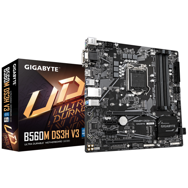 Дънна платка GIGABYTE B560M DS3H V3, LGA1200, 4xDDR4, PCIe Gen3 x4 M.2,  HDMI, DVI-D, D-Sub, mATX