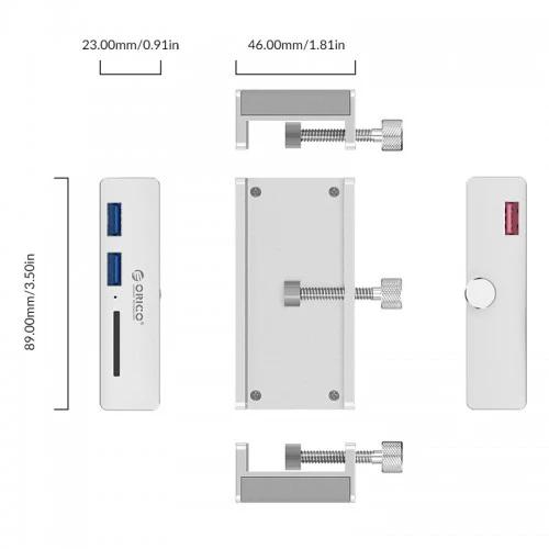 Хъб Orico USB 3.0 HUB Clip Type 2 port, SD card reader - aux Micro-USB power input, Aluminum