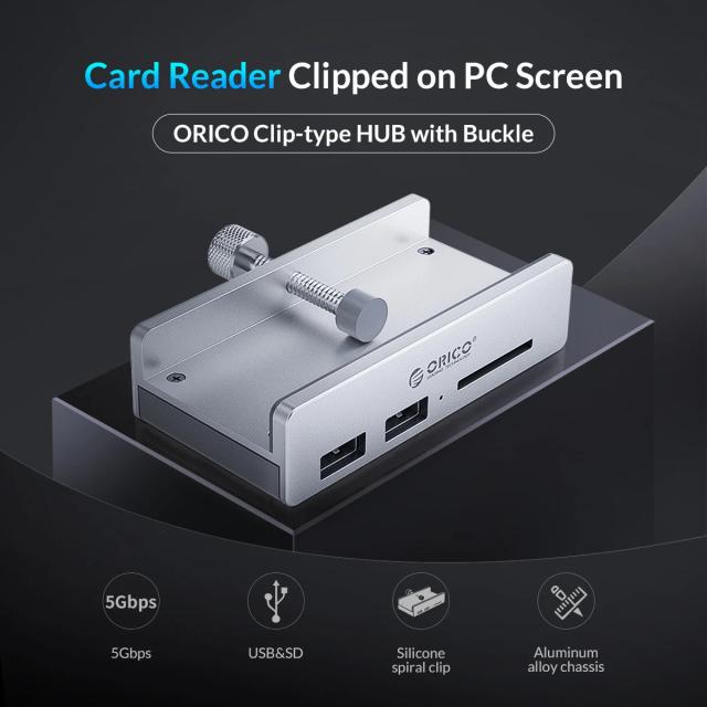 Хъб Orico USB 3.0 HUB Clip Type 2 port, SD card reader - aux Micro-USB power input, Aluminum