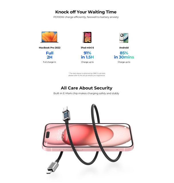 Kабел Orico USB Type-C към USB Type-C PD 100W Charging 2.0m Black