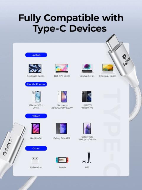 Кабел Orico USB C-to-C PD 100W Charging 1.0m Black