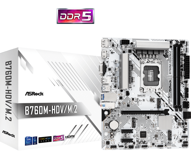 Дънна платка ASROCK B760M-HDV/M.2, LGA1700, 2x DDR5, 2x M.2 NVMe, 4 xSATA3, HDMI, DP, VGA, mATX