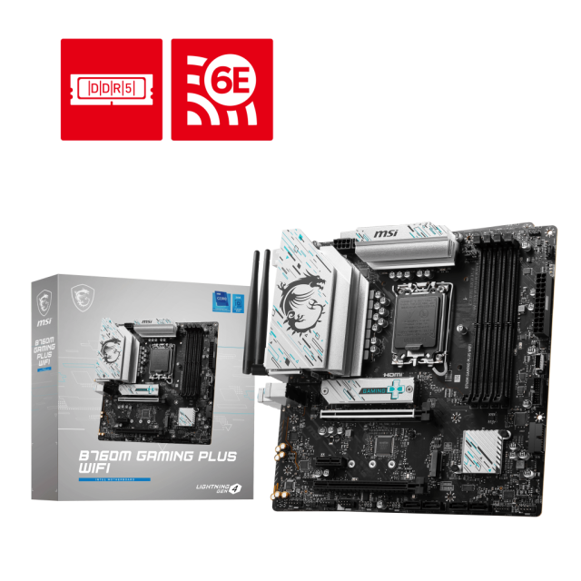 Дънна платка MSI B760M GAMING PLUS WIFI, LGA1700, 4x DDR5, 2x M.2 PCIe 4.0 x4, 4x SATA 6G, Wi-Fi 6E,  Bluetooth V5.3, 2x HDMI, 2x DP, mATX