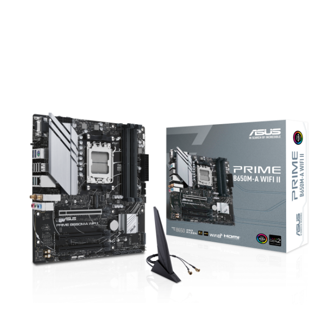 Дънна платка ASUS PRIME B650M-A WIFI II, AM5, 4x DDR4, 3 x M.2 NVMe, 4 x SATA 6Gb/s, Wireless 6, Bluetooth, VGA, HDMI, DP, mATX