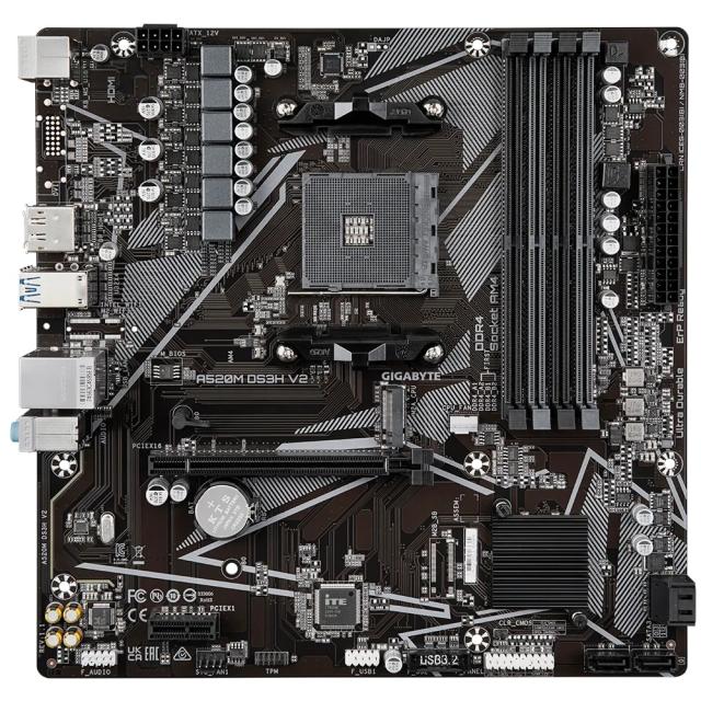 Дънна платка GIGABYTE A520M DS3H V2, AM4, 4x DDR4, 1x M.2, 4x SATA3, 1x PCIEx16, 1x PCIEx1, HDMI, DP, mATX