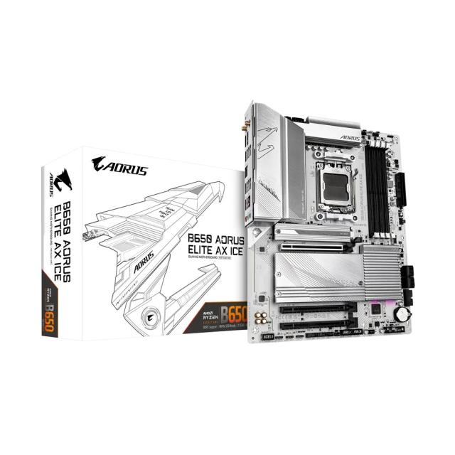 Дънна платка GIGABYTE B650 A ELITE AX ICE, AMD Socket AM5, 4x DDR5, 1x PCIe 5.0 x4 / 2x PCIe 4.0 x4 M.2, 4x SATA 6Gb/s, Wi-Fi 6E, BT 5.3, HDMI, DP, ATX