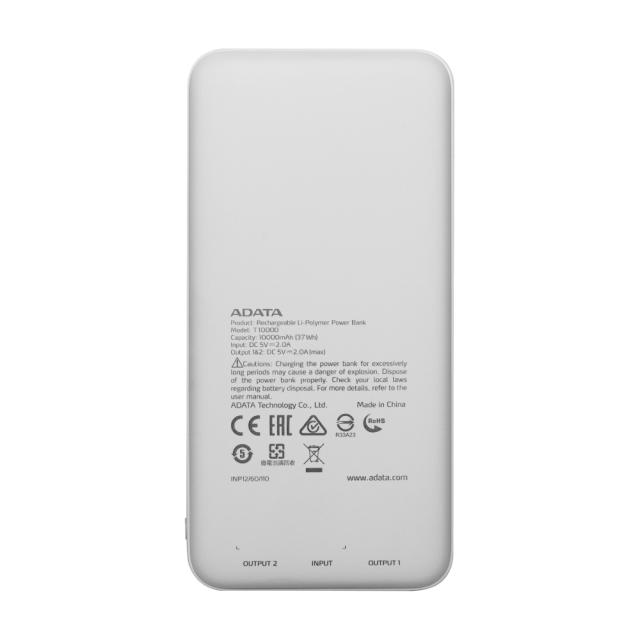 Външна батерия ADATA POWER BANK 10 000MAH, USB, Бяла