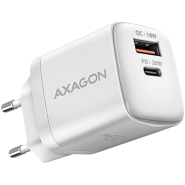 Зарядно устройство Axagon ACU-PQ20, 1x USB-C, 1x USB-A, 20W, бяло