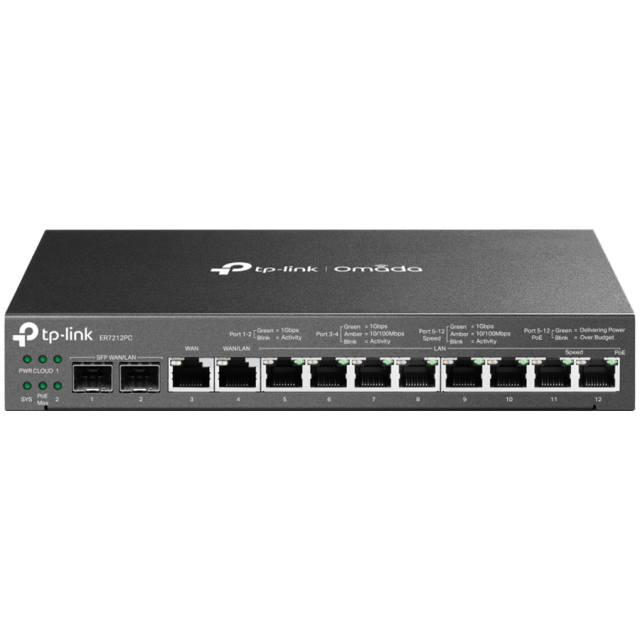 Рутер TP-Link ER7212PC Omada 3-in-1 Gigabit VPN Router, 1x WAN 10/100/1000 Mbps, 8x LAN 10/100/1000 Mbps PoE+, 1x WAN/LAN 10/100/1000 Mbps, 2x SFP, 1GB RAM, 8MB Flash памет + 4GB EMMC
