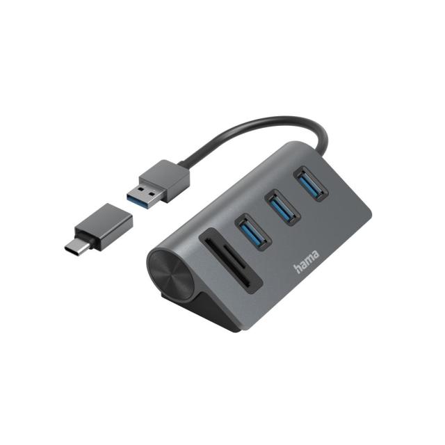 USB хъб/четец на карти HAMA, 5 порта, 3x USB-A, SD, microSD, вкл. USB-C адаптер