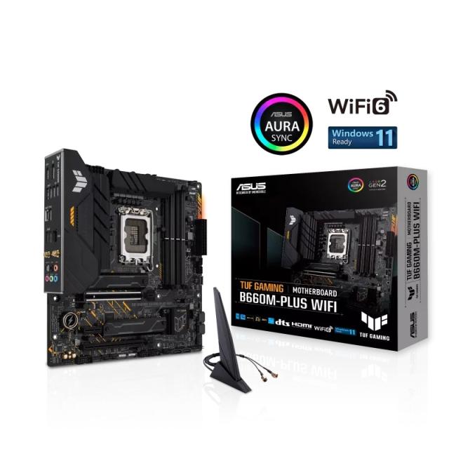 Дънна платка ASUS TUF GAMING B660M-PLUS WIF, LGA1700, 4x DDR5, 2x M.2, 4x SATA 6Gb/s, Wi-Fi 6, HDMI, DP. mATX 