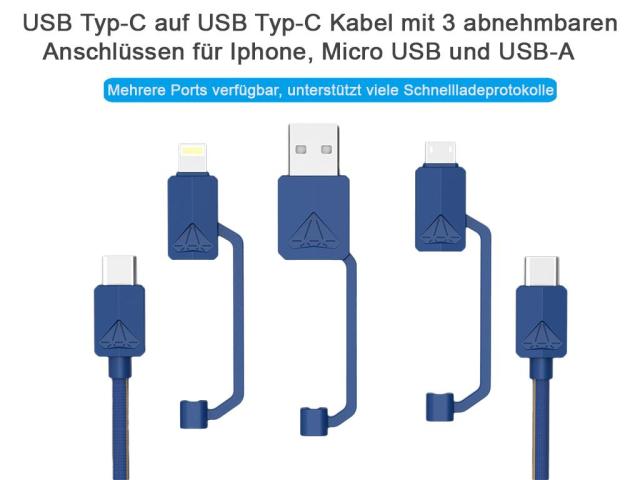 Комбиниран кабел за бързо зареждане USB Type-C / Micro USB / Lightning / USB-A син цвят