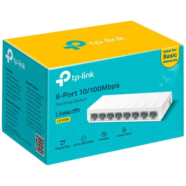 Суич TP-Link LiteWave LS1008, 100Mbps, 8 порта, 8x 10/100 RJ45