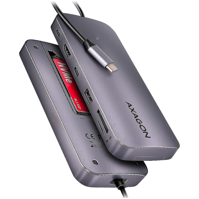 Мултипортов адаптер Axagon HMC-6GM2, USB-C 10Gbps hub. NVMe/SATA M.2, HDMI, card reader and Power Delivery. Cable USB-C 20 cm.
