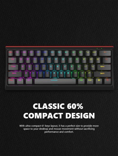 Marvo KG962G RGB, геймърска клавиатура Gaming Mechanical keyboard 61 keys TKL,  RED switches