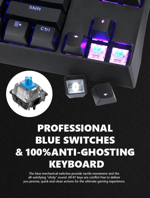 Marvo KG953G RGB, механична геймърска клавиатур , Blue switches, 87 keys TKL