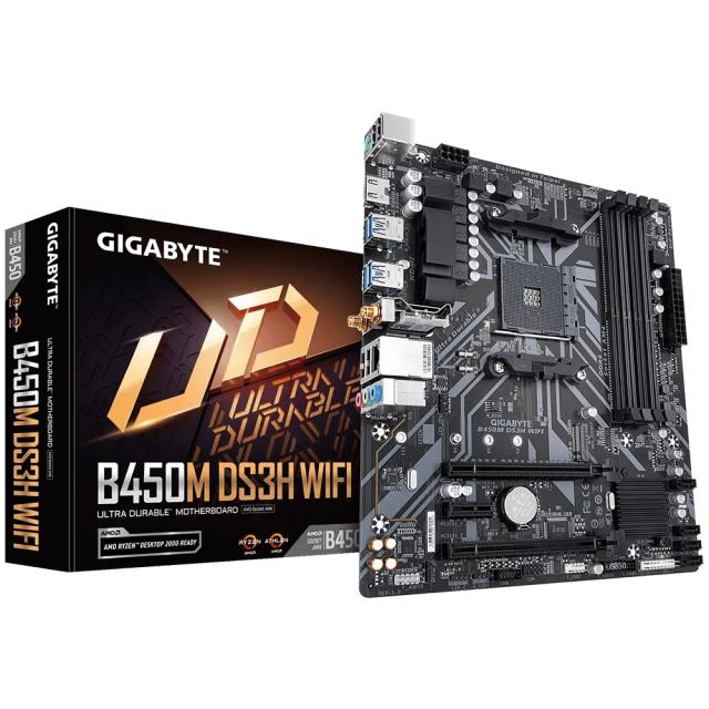 Дънна платка Gigabyte B450M DS3H WIFI, B450, AM4, DDR4, 1x M.2, 4x SATA 6Gb/s, Wi-Fi AC, Bluetooth, HDMI, Micro ATX