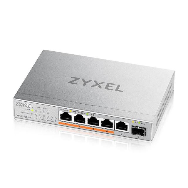 Суич ZyXEL XMG-105HP, 5 x 2.5GBASE-T + 1 x 1G SFP/10G SFP+, 4 x IEEE 802.3bt (PoE++, 60 W), неуправляем