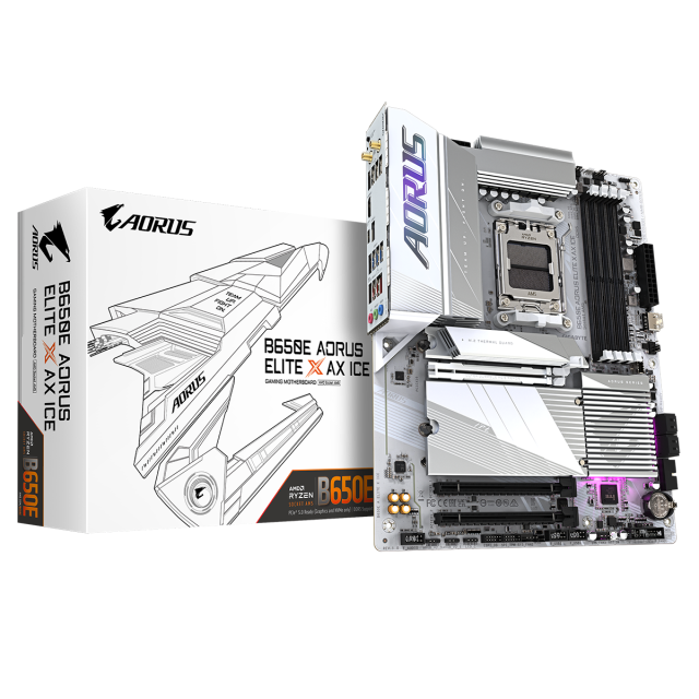 Дънна платка GIGABYTE B650E AORUS ELITE X ICE, AM5, Wi-Fi 6E, 4x DDR5, 3x M.2, 4x SATA 6Gb/s, HDMI, ATX