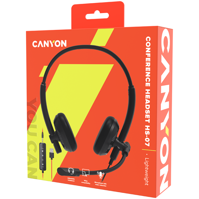 Слушалки CANYON HS-07B, микрофон, 3.5 mm, USB, черни