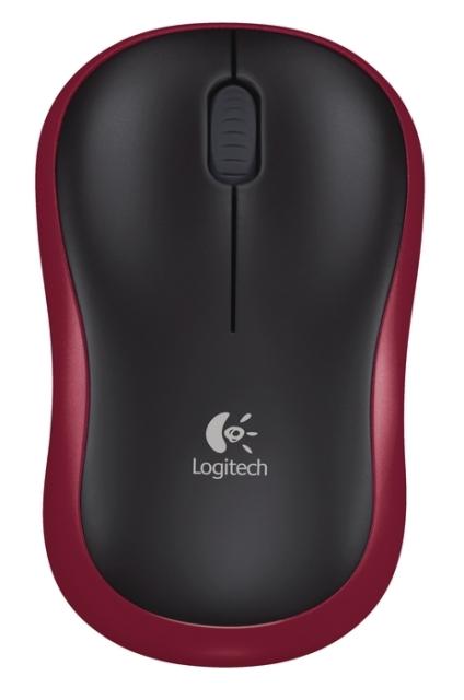 Мишка Logitech M185, оптична (1000 dpi), Wireless, черно/червена