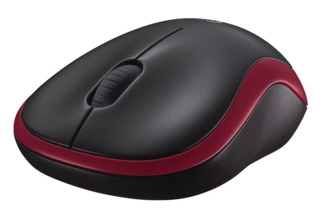 Мишка Logitech M185, оптична (1000 dpi), Wireless, черно/червена