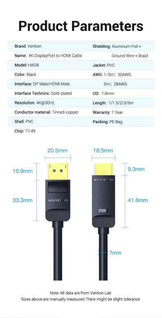 Кабел Vention Cable DisplayPort към HDMI 3.0m - 4K, Gold Plated