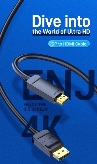 Кабел Vention Cable DisplayPort към HDMI 3.0m - 4K, Gold Plated