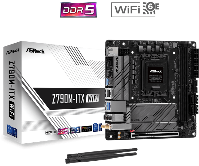 Дънна платка ASRock Z790M-ITX WiFi DDR5, LGA1700,  1x M.2, 4 x SATA3, WiFi 6E, HDMI, DP, Mini-ITX