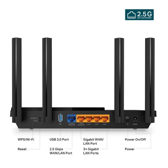 Безжичен Рутер TP-Link Archer AX55 Pro, 3000 Mbps, 2.4GHz (574Mbps) / 5GHz (2402 Mbps), Wireless AX (6), 1x LAN/WAN 10/100/1000/2500, 3x LAN 10/100/1000, 1x WAN/LAN 10/100/1000, 1x USB 3.0