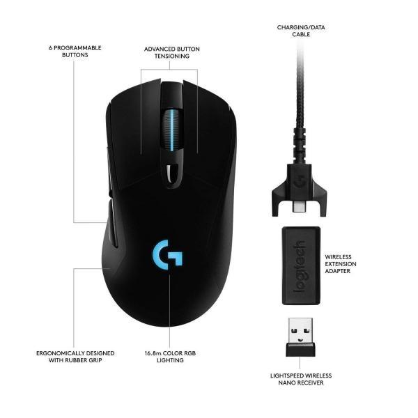 Мишка Logitech G703 Lightspeed, Wireless, HERO 25K DPI Sensor, 400 IPS, 6 бутона, подсветка, геймърска, черна