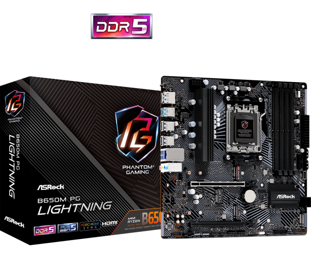 Дънна платка ASRock B650M PG Lightning, B650, AM5, DDR5, PCI-E 4.0 (CF), 3x M.2, 4x SATA 6Gb/s, 1x USB 3.2 Gen 2 Type-C, 1x USB 3.2 Gen 2 Type-A, 2.5GbE LAN, HDMI, DP, mATX