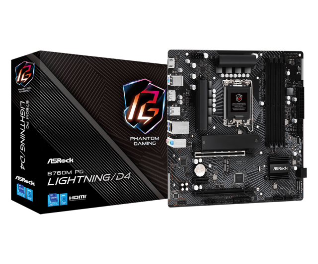 Дънна платка ASRock B760M PG Lightning/D4, B760, LGA1700, DDR4, PCI-E 4.0, 4x SATA 6Gb/s, 2x M.2, 1x USB 3.2 Gen 1 Type-C, 3x USB 3.2 Gen 1 Type-A, HDMI, DP, Micro ATX