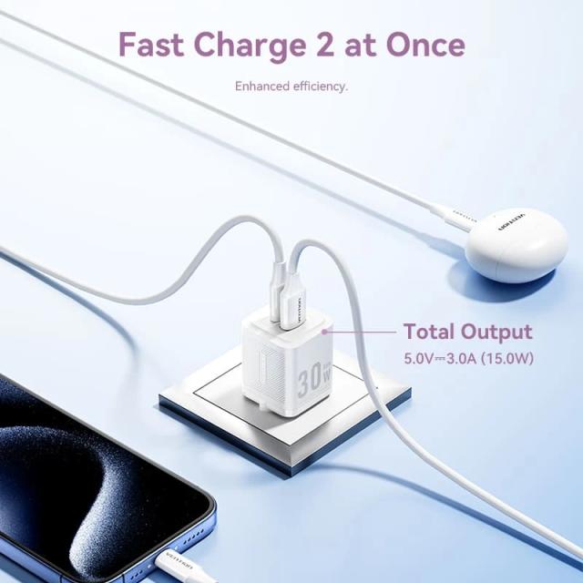 Vention зарядно за стена Charger Wall GaN - QC3.0 + Power Distribution Type-C 30W