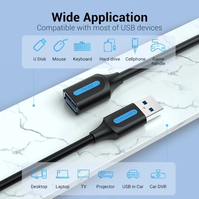 Кабел Vention USB-A (м) към USB-A (ж), USB 3.0  Extension, 3.0 m Black