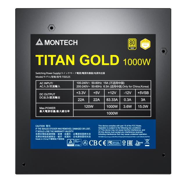 Зарядно Montech TITAN GOLD 1000W, Active PFC, 80 PLUS GOLD, ATX3.0, Full Modular