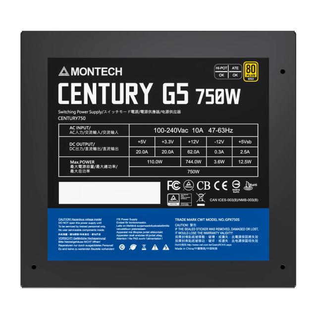 Зарядно Montech CENTURY G5 750W, Active PFC, 80 PLUS GOLD, ATX3.0, Full Modular