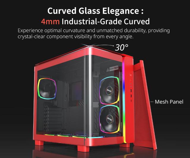 Кутия Montech KING 95 Pro, Dual Chamber Mid-tower Case, 2 x USB 3.0, 1 x USB 3.2 Gen 2 Type-C, ATX, mATX, Mini-ITX, Red