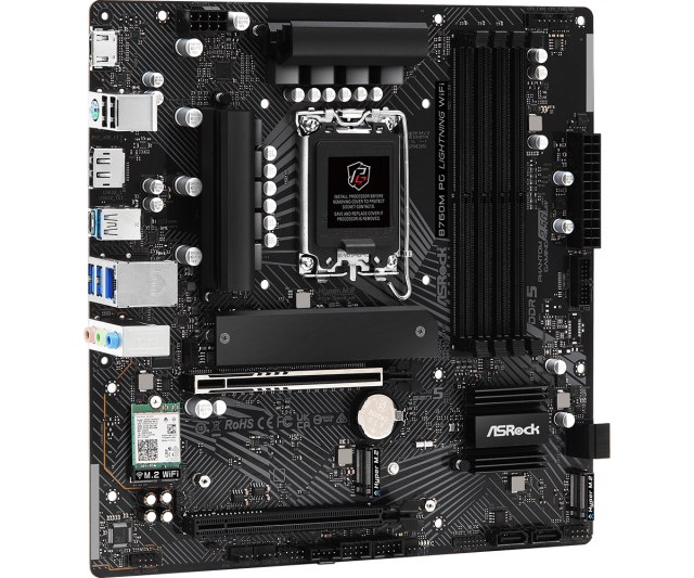 Дънна платка ASRock B760M PG Lightning WiFi, B760, LGA1700, DDR5, PCI-E 5, AMD CrossFire, 4x SATA 6Gb/s, 3x M.2, 3x USB 3.2 Gen 1, 1x USB 3.2 Gen 1 Type-C, Wi-Fi 6E, Bluetooth, HDMI, DP, Micro ATX