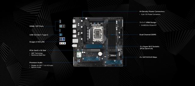 Дънна платка ASRock B760M PG Lightning WiFi, B760, LGA1700, DDR5, PCI-E 5, AMD CrossFire, 4x SATA 6Gb/s, 3x M.2, 3x USB 3.2 Gen 1, 1x USB 3.2 Gen 1 Type-C, Wi-Fi 6E, Bluetooth, HDMI, DP, Micro ATX